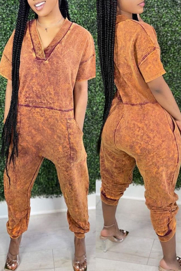Orange Apricot Casual Street Print Patchwork Pocket V Neck Harlan Jumpsuits