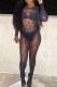 Black Fashion Sexy Solid See-through O Neck Jumpsuits