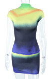 Yellow Sexy Print Patchwork O Neck Short Sleeve Two Pieces
