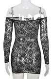 Black Fashion Sexy Solid Hollowed Out See-through Off the Shoulder Long Sleeve Dresses