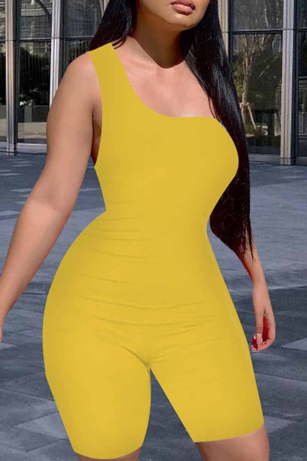 Yellow Sexy Casual Solid Backless One Shoulder Skinny Rompers