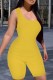 Yellow Sexy Casual Solid Backless One Shoulder Skinny Rompers