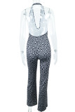 Black Fashion Sexy Print Patchwork Backless Halter Boot Cut Jumpsuits
