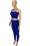 Blue Fashion Sexy adult Patchwork Solid Draped Two Piece Suits HOLLOWED OUT pencil Sleeveless Two Pieces