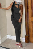 Black Sexy Patchwork Solid Hollowed Out See-through O Neck Vest Dress