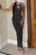 Black Sexy Patchwork Solid Hollowed Out See-through O Neck Vest Dress
