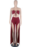 Colorful Blue Sexy Casual Solid Bandage Hollowed Out Asymmetrical Strapless Sleeveless Two Pieces
