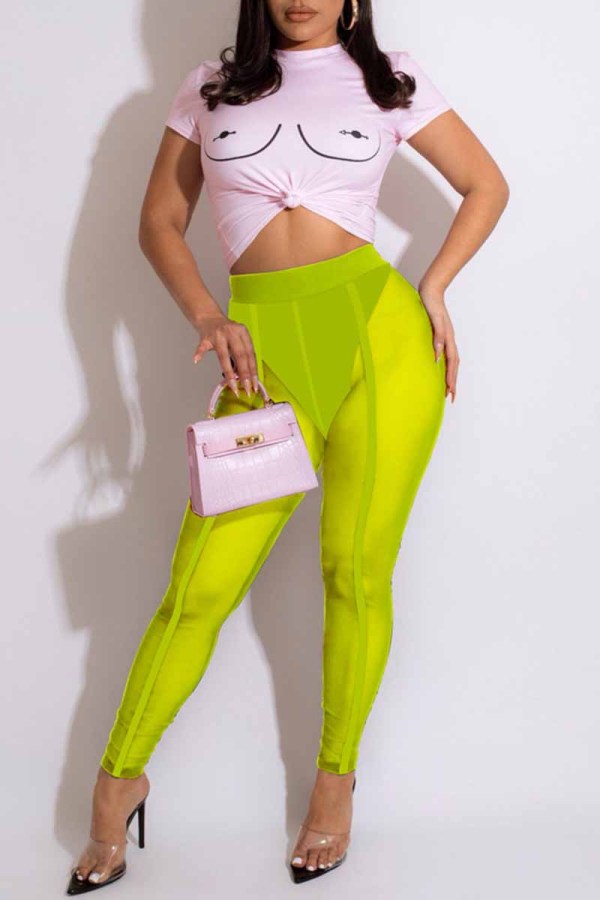 Fluorescent Green Fashion Casual Sweet Print See-through O Neck Short Sleeve Two Pieces