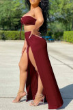 Colorful Blue Sexy Casual Solid Bandage Hollowed Out Asymmetrical Strapless Sleeveless Two Pieces