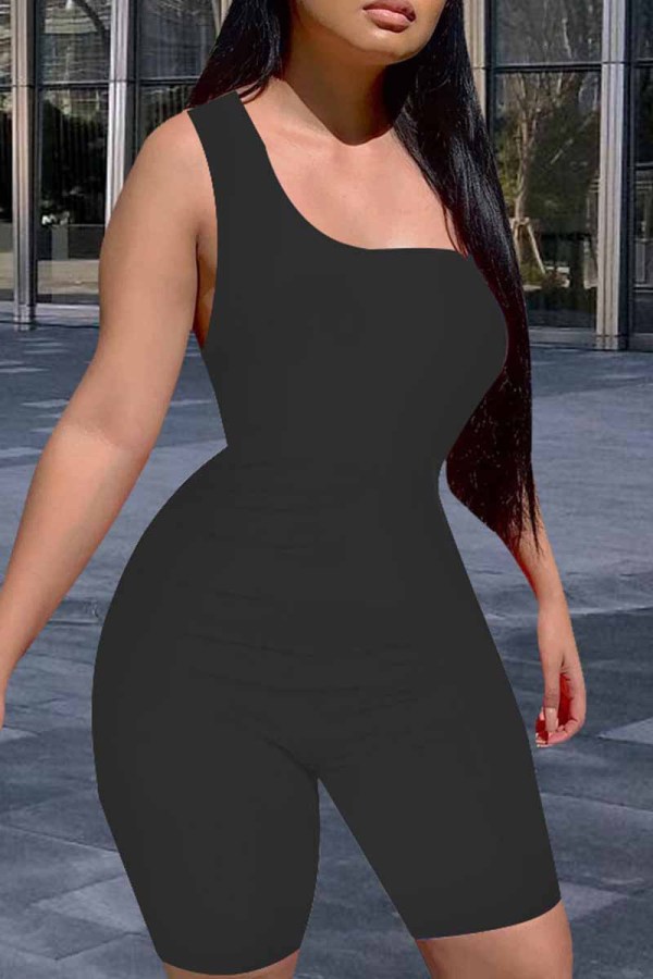 Black Sexy Casual Solid Backless One Shoulder Skinny Rompers