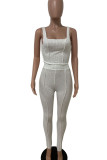 White Sexy Solid Patchwork U Neck Sleeveless Two Pieces