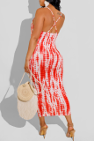 Red Fashion Sexy Print Backless Spaghetti Strap Long Dress