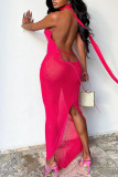 Pink Sexy Solid Split Joint See-through Backless Asymmetrical Collar One Step Skirt Dresses