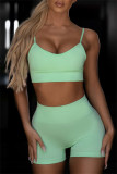 Fruit Green Casual Sportswear Solid Backless Vest Shorts Two Piece Set