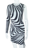 Black Sexy Print Patchwork Fold Asymmetrical O Neck Pencil Skirt Dresses