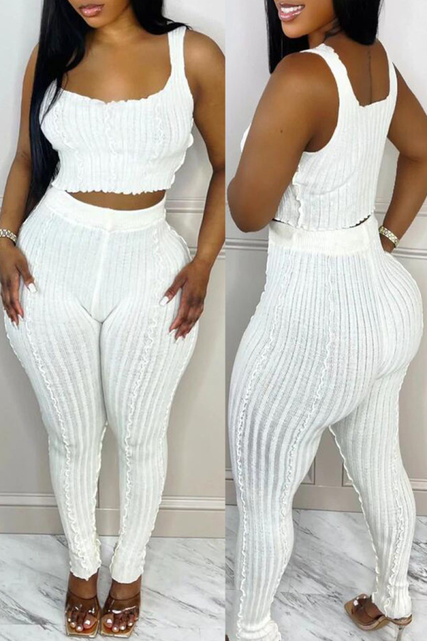 White Sexy Solid Patchwork U Neck Sleeveless Two Pieces