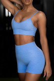 Sky Blue Casual Sportswear Solid Backless Vest Shorts Two Piece Set