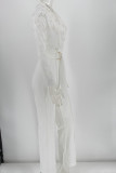 White Elegant Solid Patchwork See-through V Neck Straight Jumpsuits