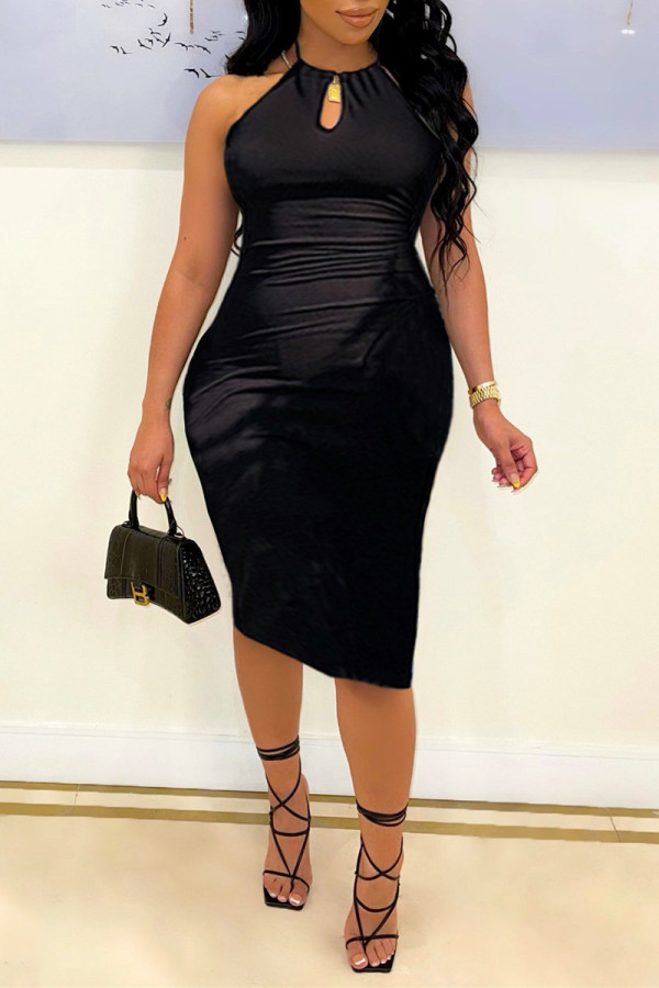Black Fashion Sexy Solid Bandage Hollowed Out Backless O Neck Sleeveless Dress