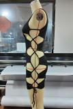 Blue Sexy Solid Bandage Hollowed Out Patchwork Oblique Collar One Step Skirt Dresses
