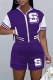Dark Purple Fashion Casual Letter Print Patchwork Zipper Collar Short Sleeve Two Pieces