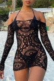 Black Fashion Sexy Solid Hollowed Out See-through Off the Shoulder Long Sleeve Dresses
