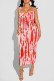 Red Fashion Sexy Print Backless Spaghetti Strap Long Dress