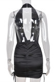 Black Fashion Sexy Solid Patchwork Backless Fold Halter Sleeveless Dress