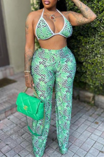 Green Fashion Sexy Print Bandage Backless Halter Plus Size Two Pieces