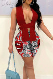 Red Fashion Sexy Print Asymmetrical Sleeveless Two Pieces