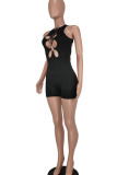 Black Sexy Solid Hollowed Out Patchwork Backless O Neck Regular Rompers