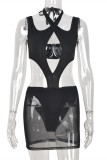 White Sexy Patchwork Solid Hollowed Out Tear Backless Spaghetti Strap Sleeveless Dress