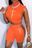 Orange Fashion Sexy Print Patchwork See-through Turtleneck Sleeveless Two Pieces