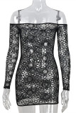 Black Fashion Sexy Solid Hollowed Out See-through Off the Shoulder Long Sleeve Dresses