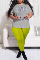 Fluorescent Green Fashion Casual Letter Print See-through O Neck Plus Size Two Pieces