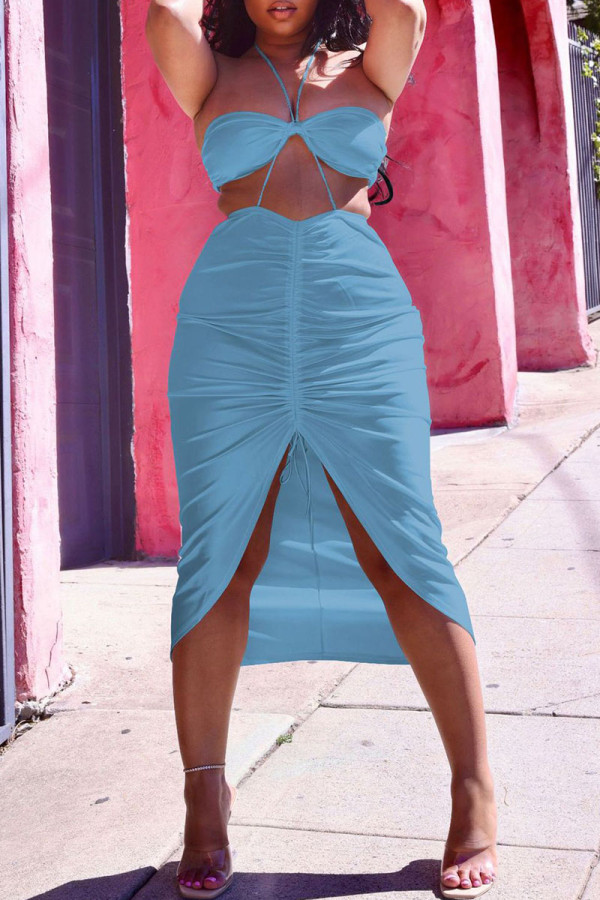 Sky Blue Sexy Solid Backless Fold Strapless Sleeveless Two Pieces