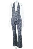 Black Fashion Sexy Print Patchwork Backless Halter Boot Cut Jumpsuits