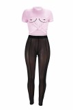 Deep Blue Fashion Casual Sweet Print See-through O Neck Short Sleeve Two Pieces