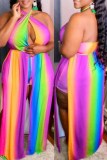 Multicolor Fashion Sexy Print Backless Slit Halter Sleeveless Two Pieces