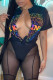Black Sexy Street Print Patchwork V Neck T-Shirts