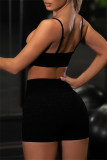 Black Casual Sportswear Solid Backless Vest Shorts Two Piece Set