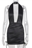 Black Fashion Sexy Solid Patchwork Backless Fold Halter Sleeveless Dress