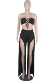 Colorful Blue Sexy Casual Solid Bandage Hollowed Out Asymmetrical Strapless Sleeveless Two Pieces