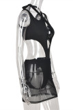 White Sexy Patchwork Solid Hollowed Out Tear Backless Spaghetti Strap Sleeveless Dress