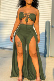 Colorful Blue Sexy Casual Solid Bandage Hollowed Out Asymmetrical Strapless Sleeveless Two Pieces