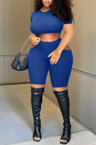 Blue Sexy Solid Hollowed Out Split Joint O Neck Plus Size Two Pieces