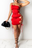 Blue Sexy Solid Bandage Hollowed Out Patchwork Oblique Collar One Step Skirt Dresses