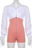 Apricot Fashion Casual Patchwork Hollowed Out Turndown Collar Skinny Romper