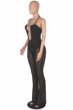 Color Blue Sexy Patchwork Bandage Hollowed Out See-through Backless Spaghetti Strap Skinny Jumpsuits