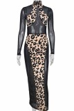 Black Fashion Sexy Print Leopard Patchwork See-through Turtleneck Long Sleeve Dresses